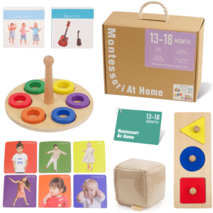 A box of toys and cards for toddlers