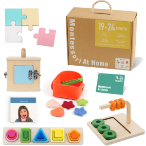 A box of wooden toys with various shapes and colors.