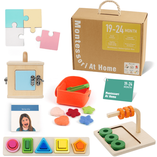 A box of wooden toys with various shapes and colors.