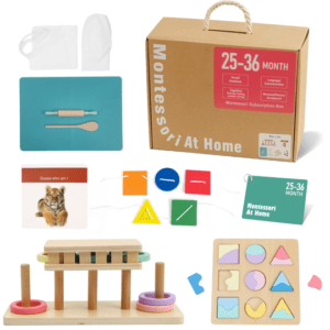 A box with some toys and a wooden board